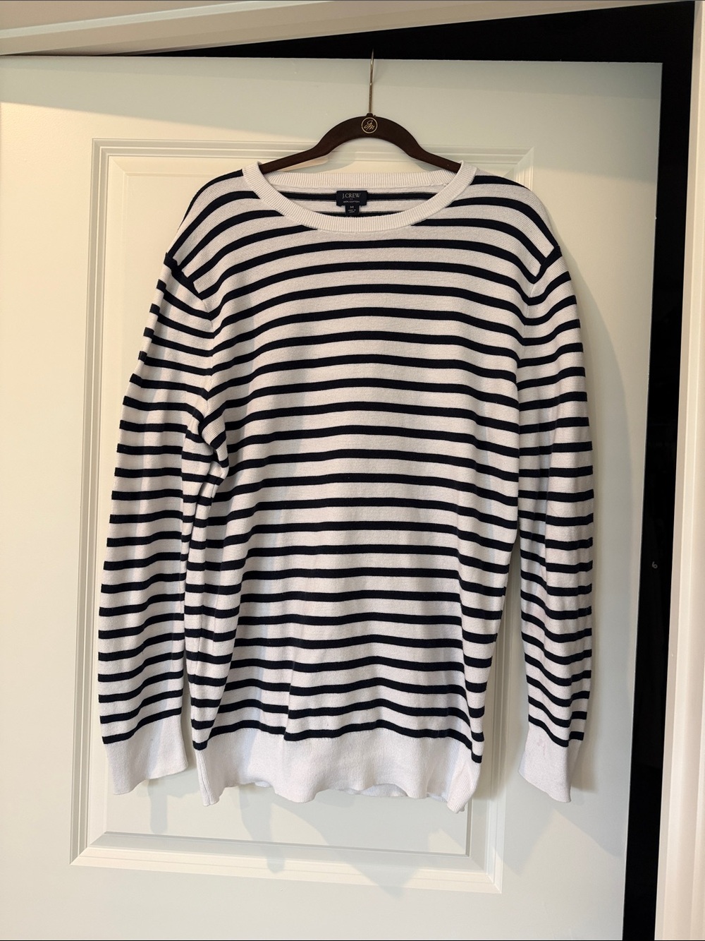 Never Been Worn J. Crew Men's Navy and White Striped Crewneck Sweater
